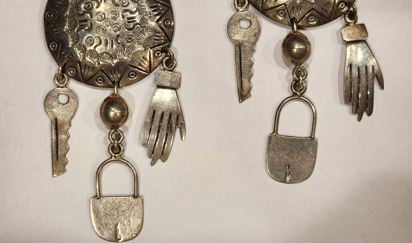 Vintage Silver Tone Charm Dangle Earrings Key Lock Hand Statement Jewelry
