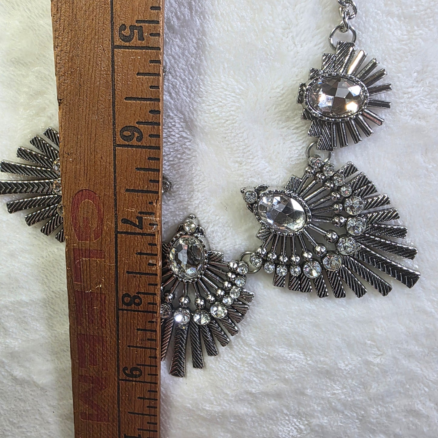 Bold Silver Tone Crystal Fan Necklace with Matching Earrings