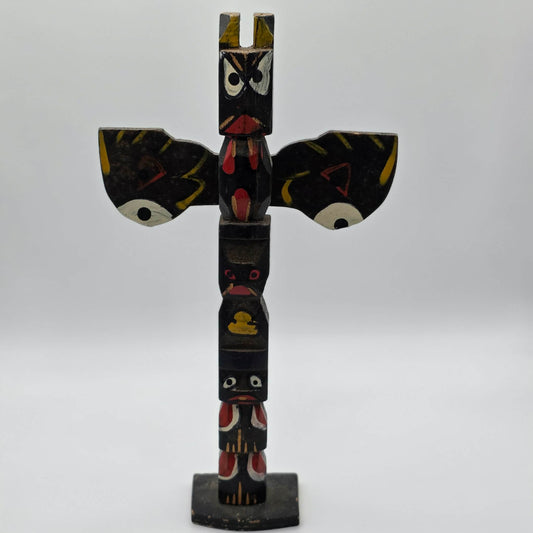 Vintage Hand Carved Wooden Totem Pole Figure Painted Tribal Folk Art Decor 10"