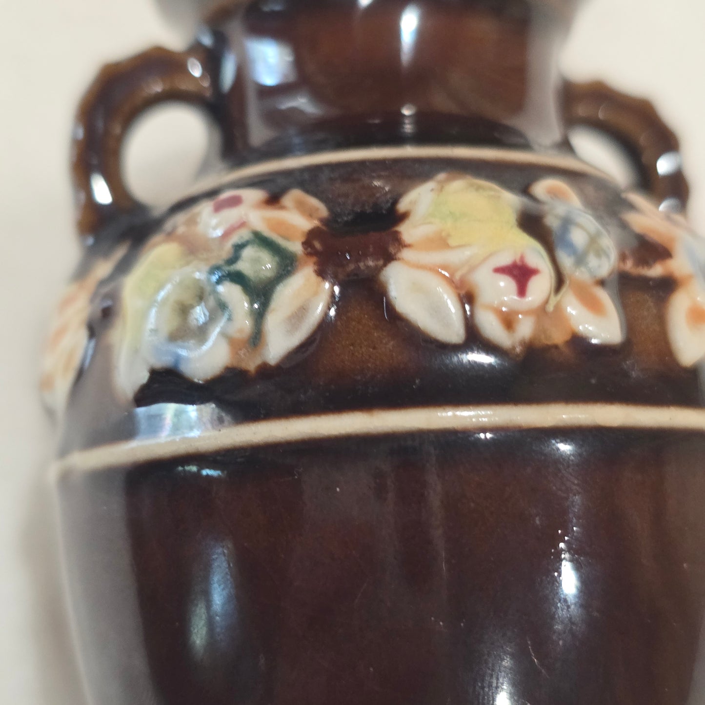 Vintage Made in Japan Brown Floral Vase | Small Ceramic Bud Vase | Applied Flowers