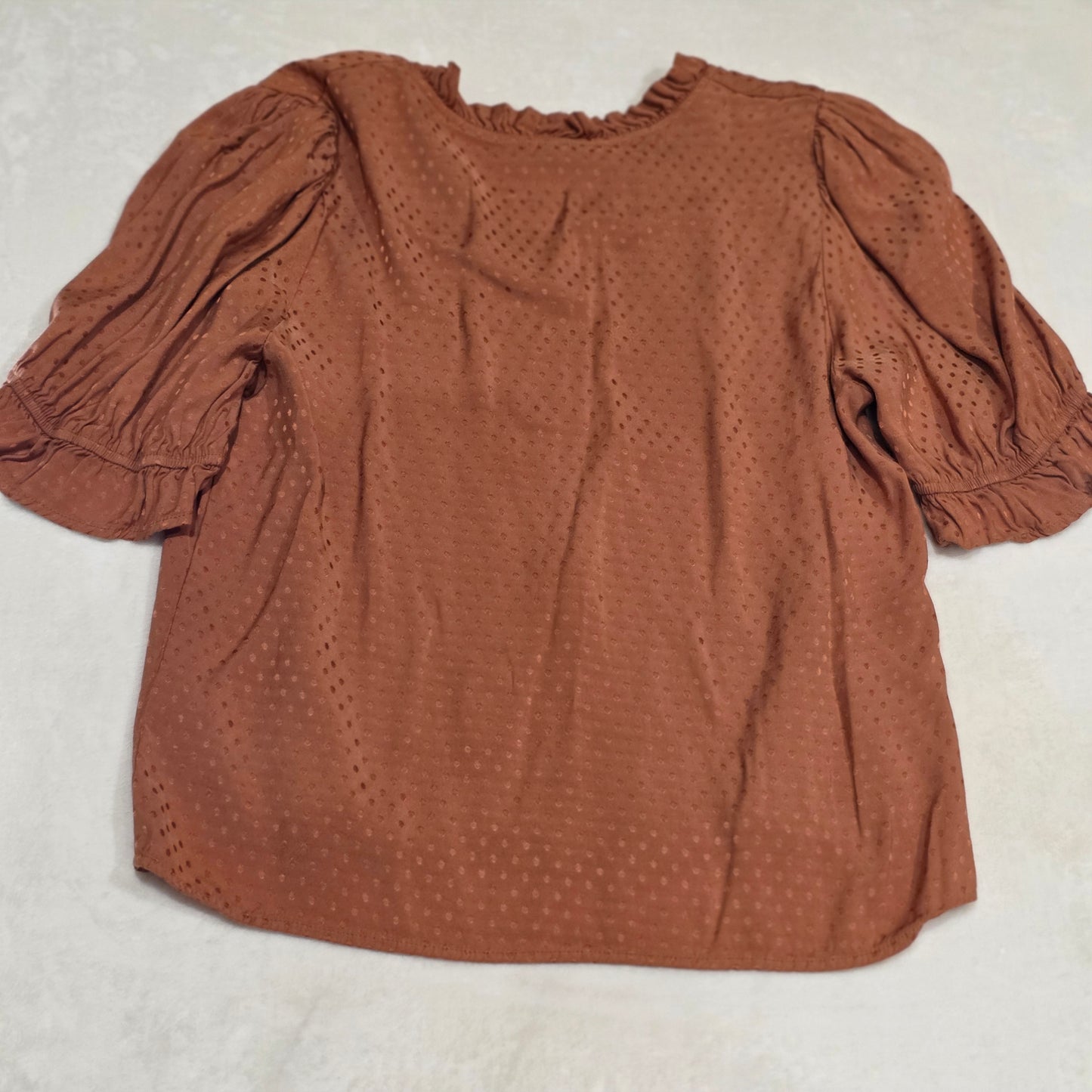 Draper James RSVP Womens Large Rust Swiss Dot Blouse Tie Neck Boho Short Sleeve