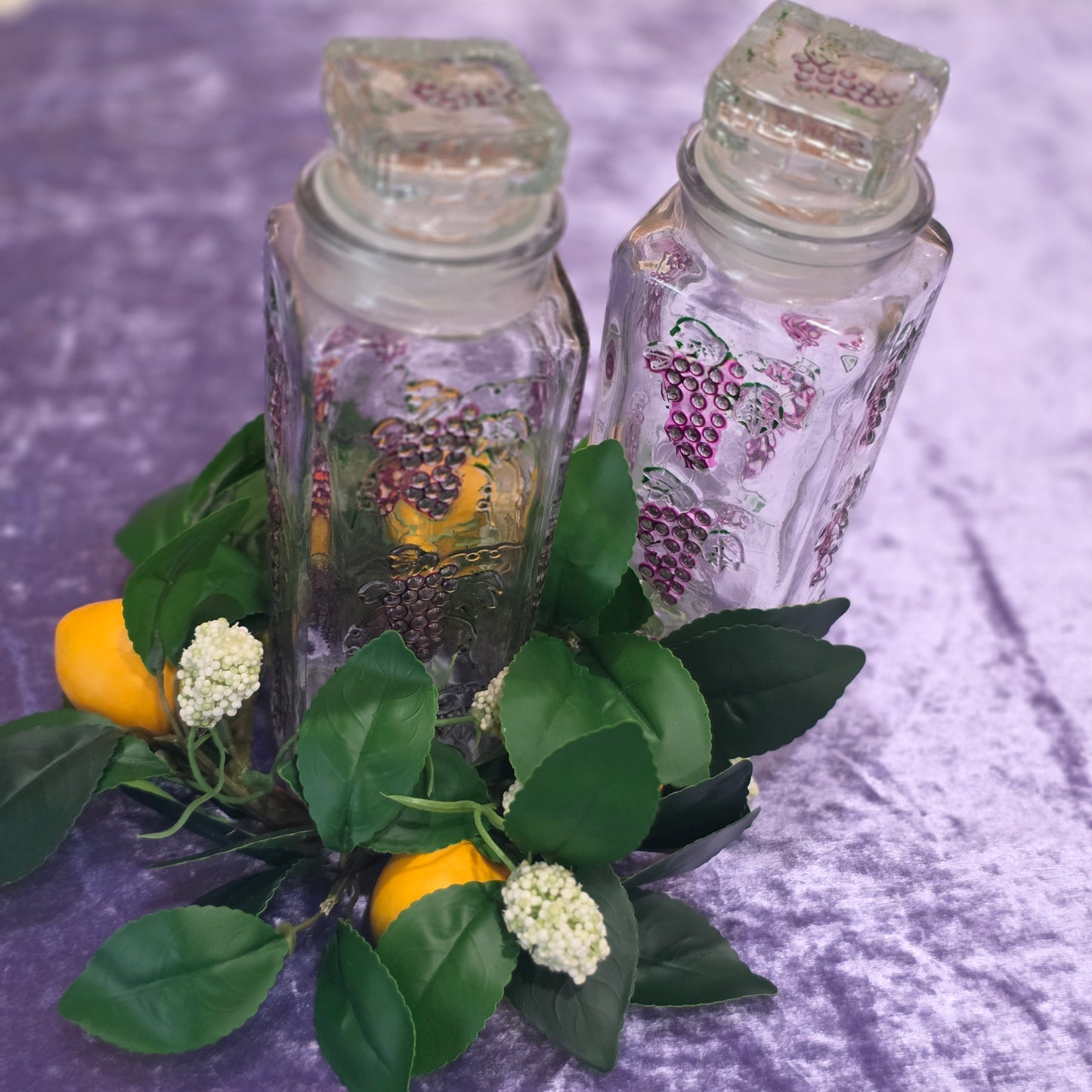 Vintage Grape Glass Bottles with Stoppers Set of 2 | Embossed Purple Grapes
