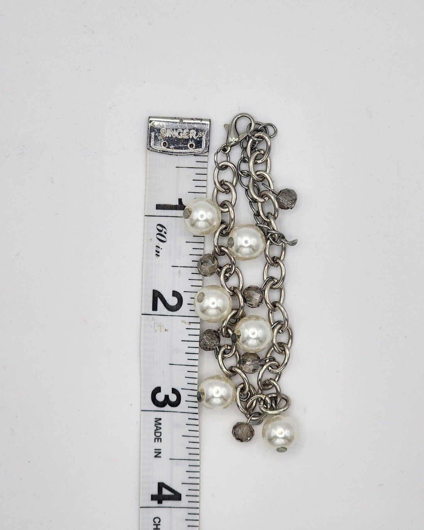 Elegant Silver Tone Faux Pearl Rhinestone Jewelry Set Necklace Bracelet Earrings
