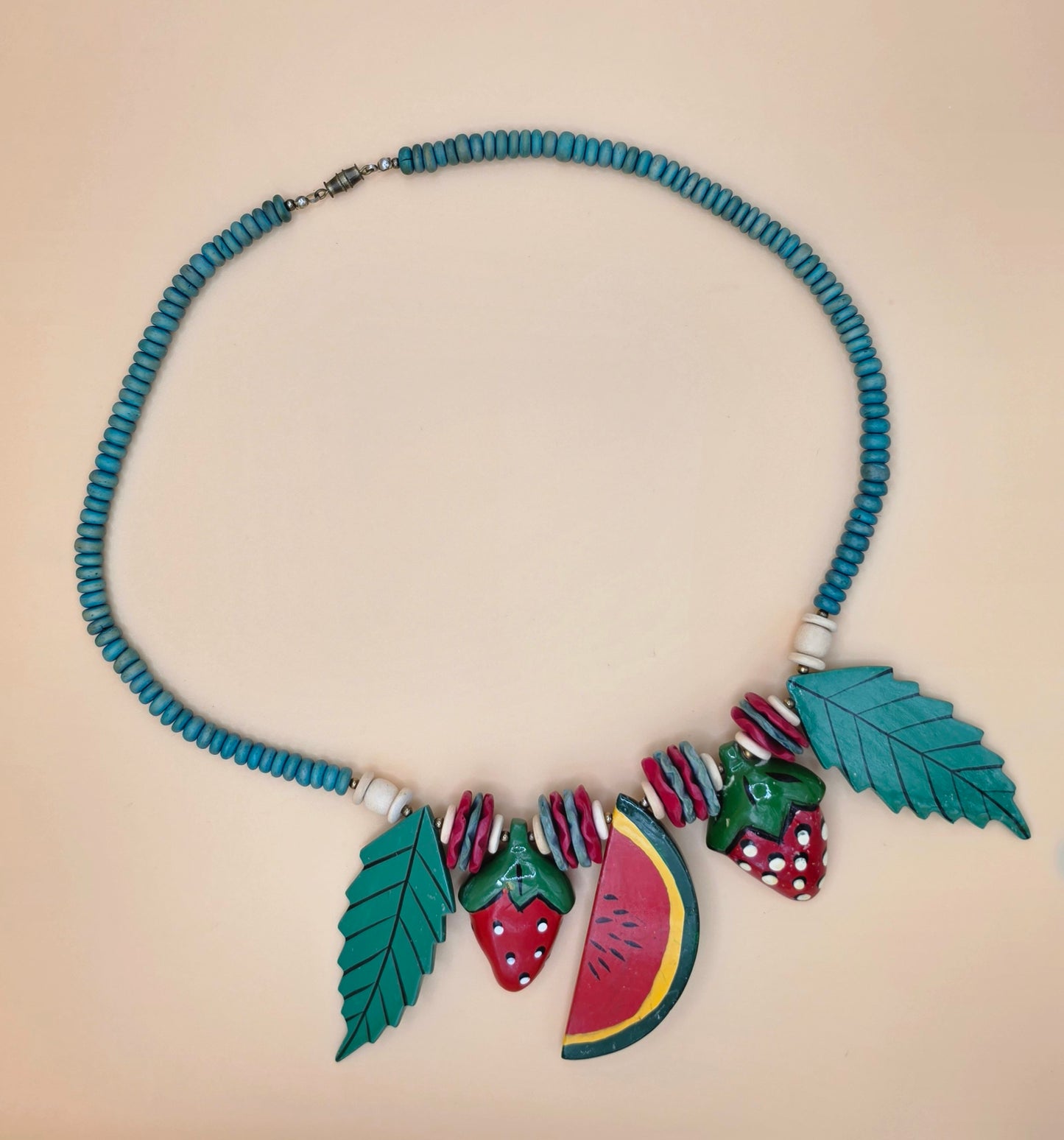 Vintage Fruit Salad Watermelon Strawberry Statement Necklace Wooden Bead Bib