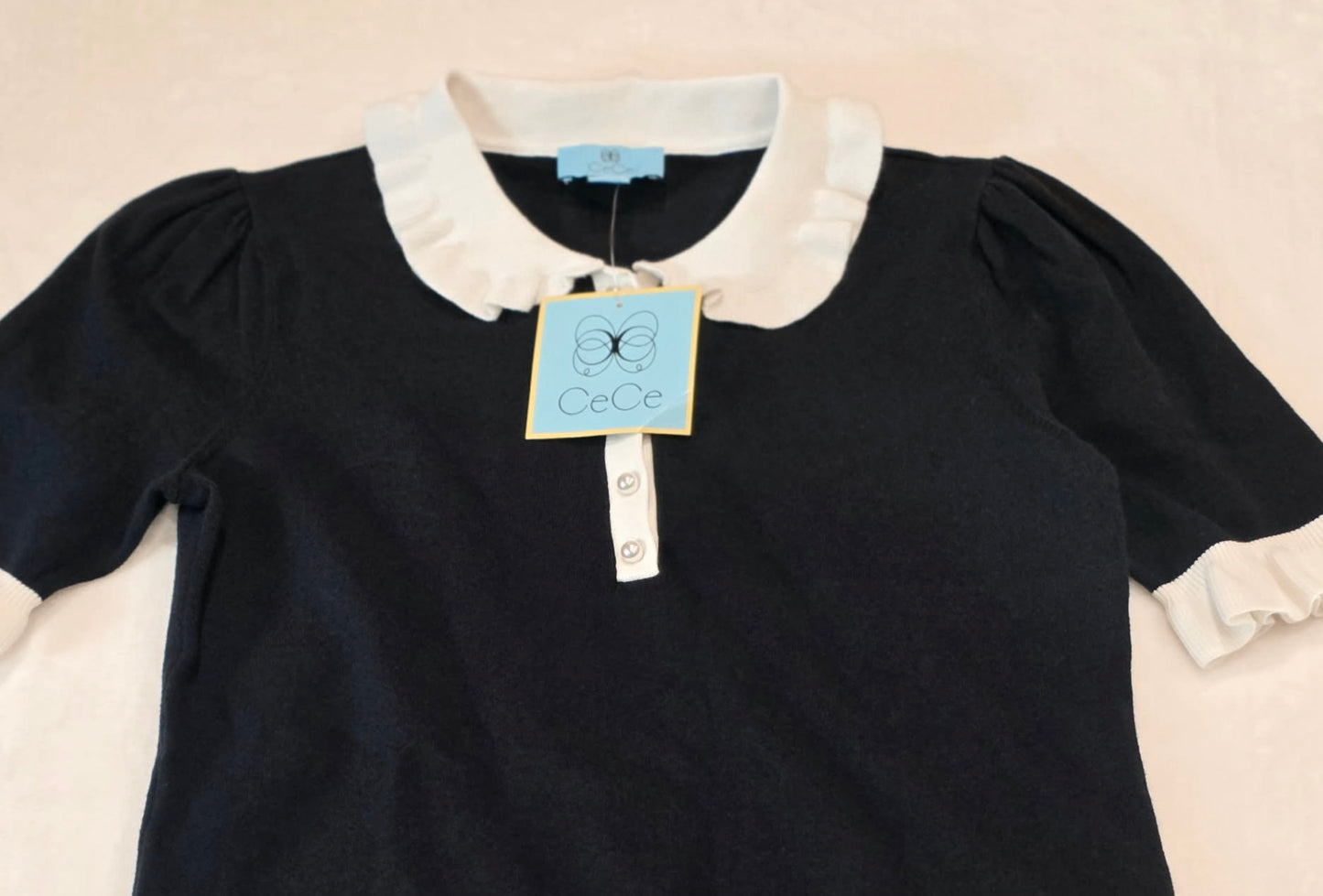 CeCe Black Preppy Knit Top w/ Ruffle Collar & Pearl Buttons – NWT Women’s Size Small