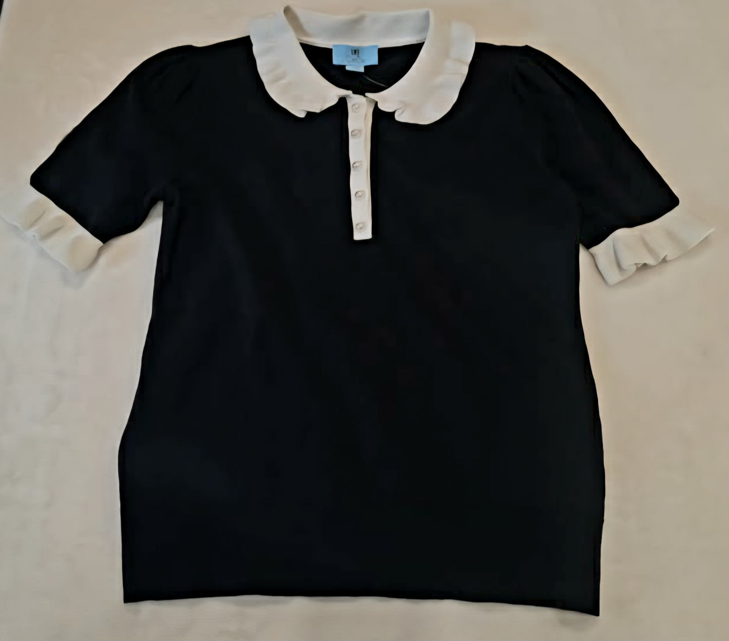 CeCe Black Preppy Knit Top w/ Ruffle Collar & Pearl Buttons – NWT Women’s Size Small
