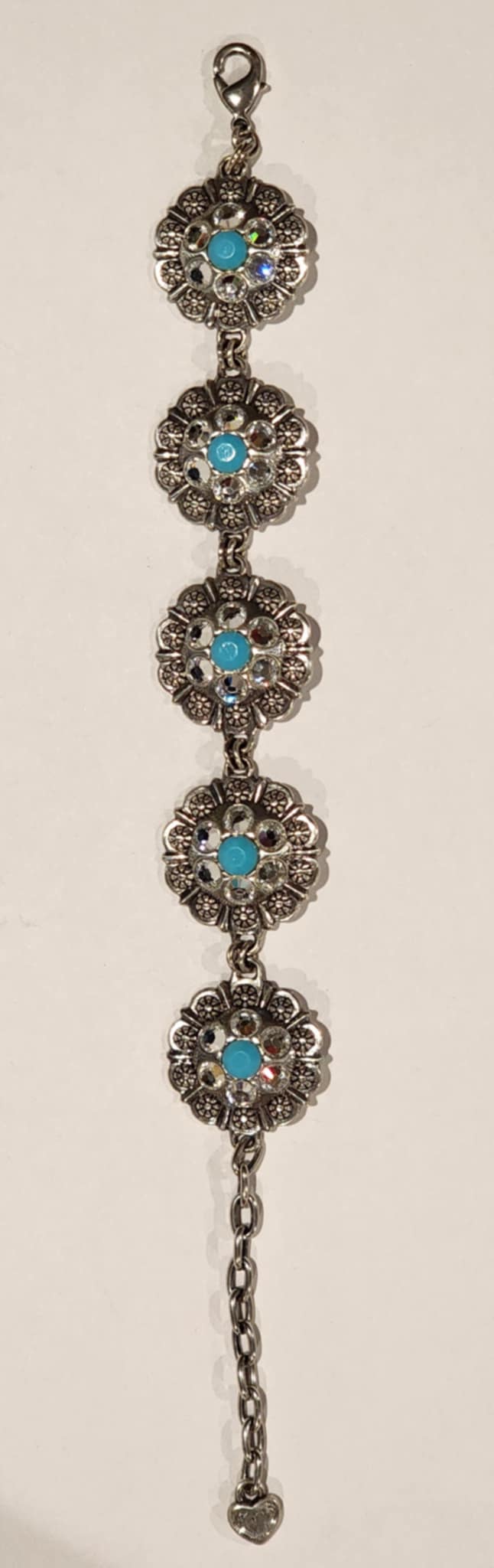 Silver Tone Turquoise & Rhinestone Floral Bracelet + Earrings Jewelry Set