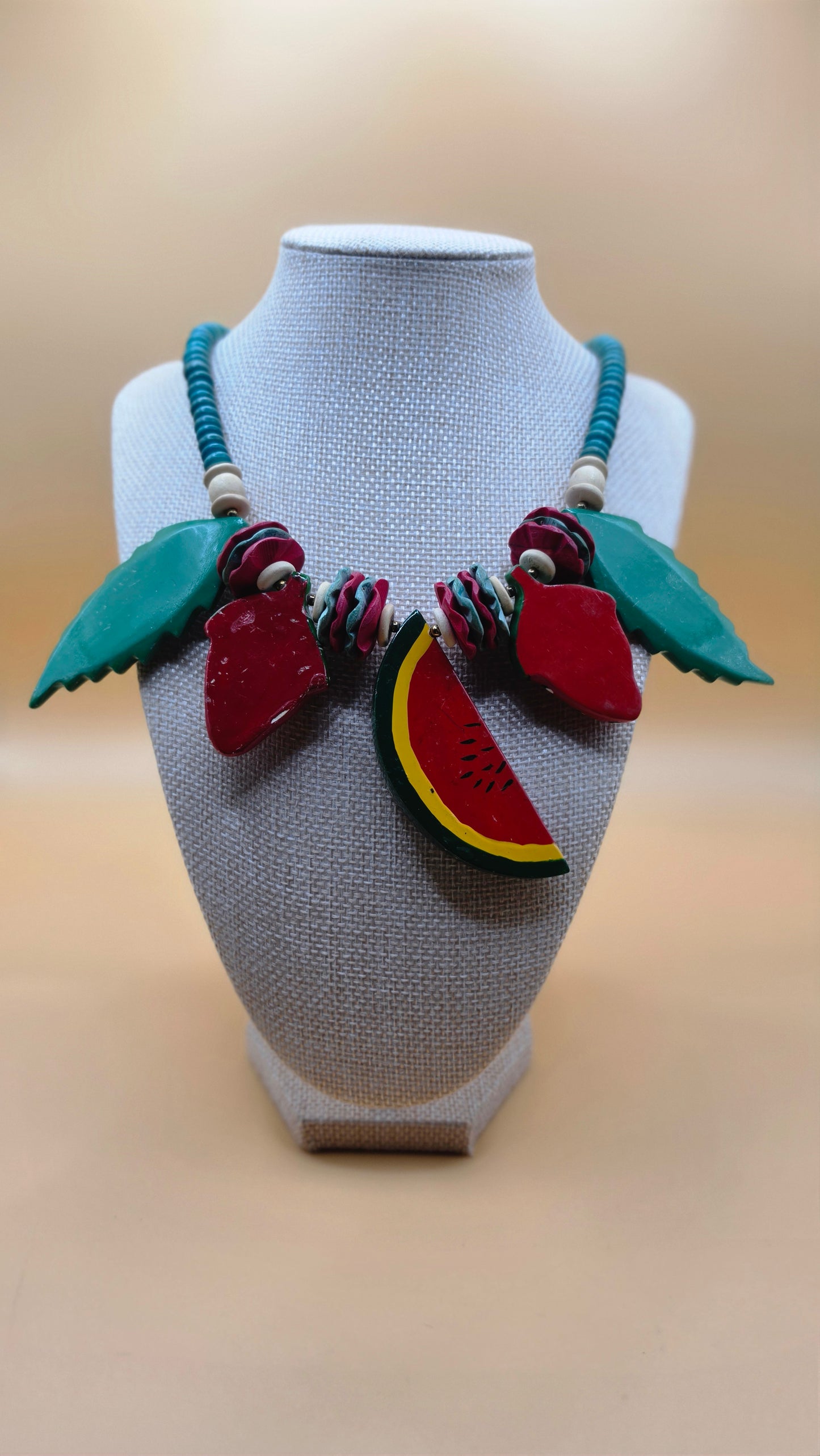 Vintage Fruit Salad Watermelon Strawberry Statement Necklace Wooden Bead Bib