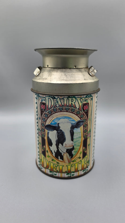 Vintage Dairy Delight Tin Milk Can Vase Farmhouse Cow Rustic Country Kitchen Decor