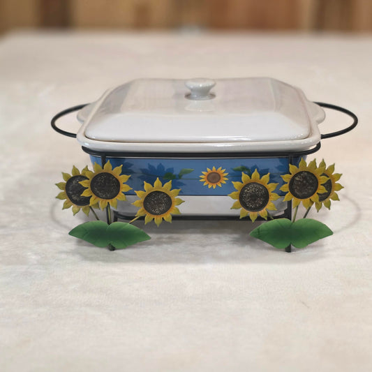 Farmhouse Sunflower Casserole Dish w/ Metal Stand Ceramic Covered Baking Dish