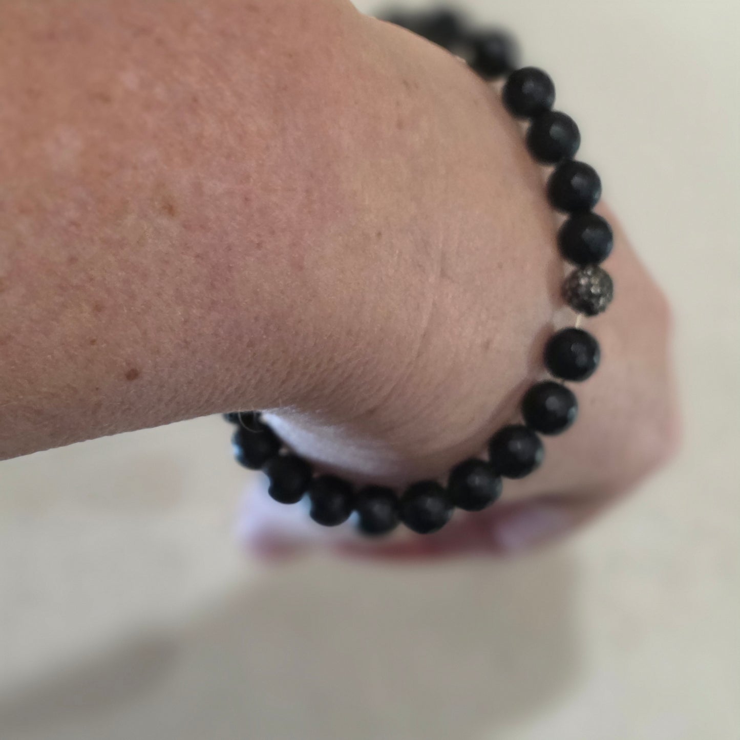 Erimish Black Beaded Stretch Bracelet with Rhinestone accent