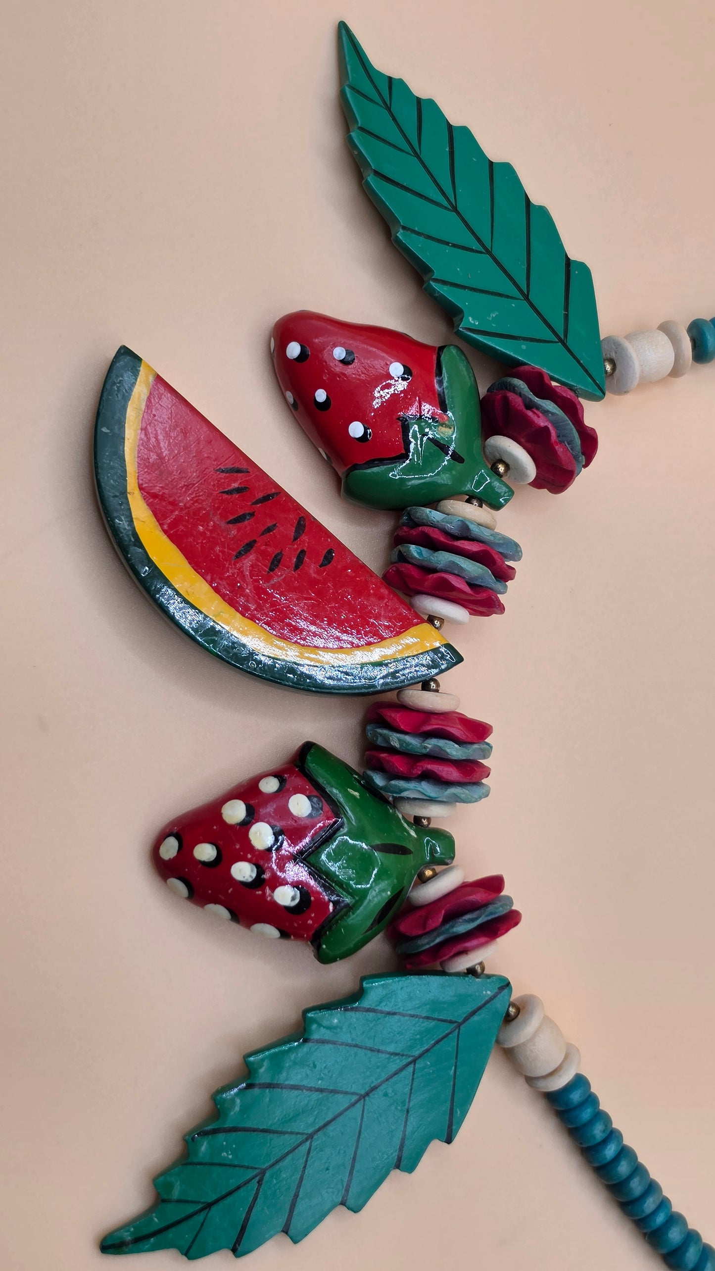 Vintage Fruit Salad Watermelon Strawberry Statement Necklace Wooden Bead Bib