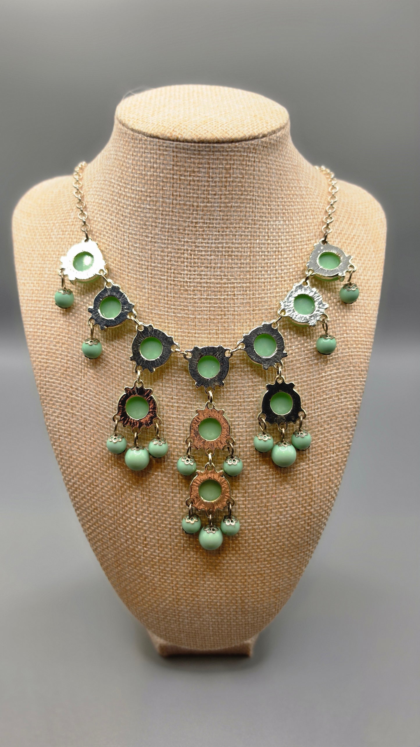Jane Stone Mint Green Beaded Statement Necklace Silver Tone Bib Style Chandelier