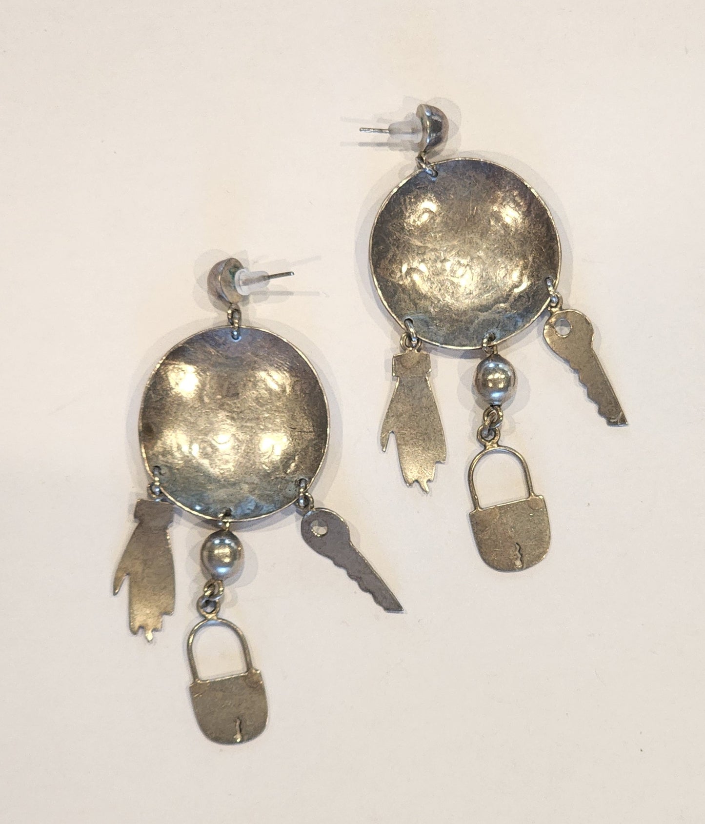Vintage Silver Tone Charm Dangle Earrings Key Lock Hand Statement Jewelry