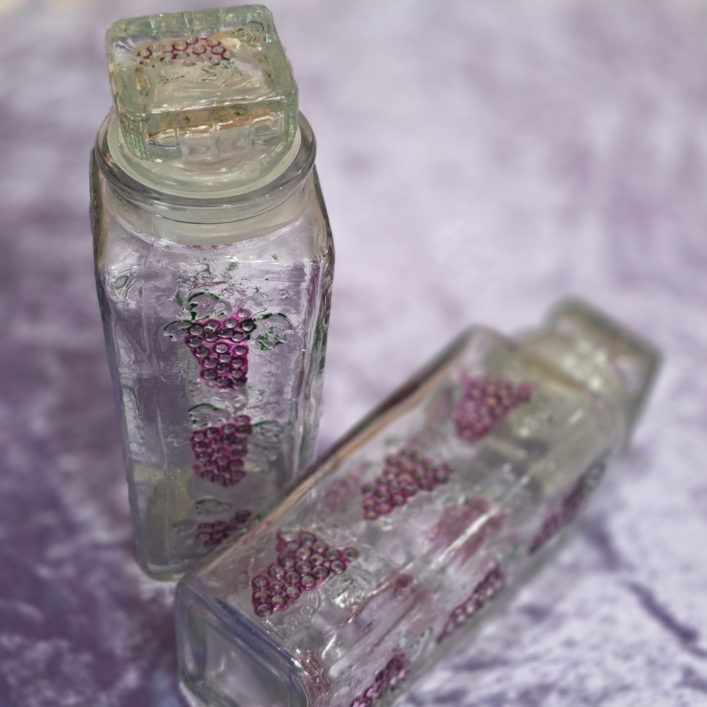 Vintage Grape Glass Bottles with Stoppers Set of 2 | Embossed Purple Grapes
