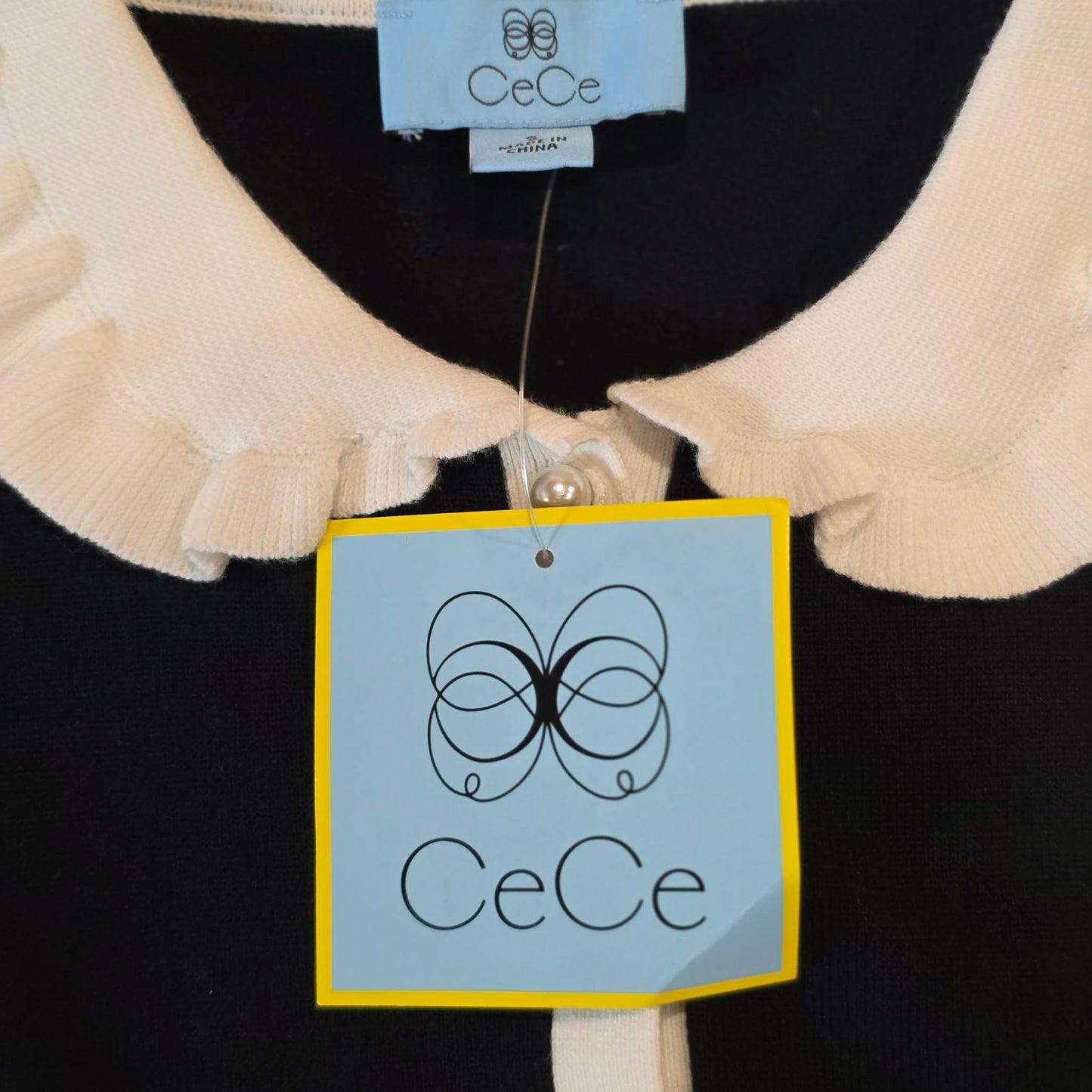 CeCe Black Preppy Knit Top w/ Ruffle Collar & Pearl Buttons – NWT Women’s Size Small