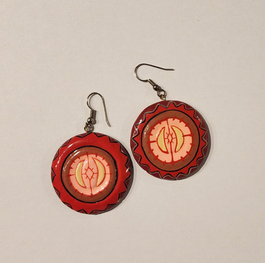 Vintage Red Round Dangle Earrings Hand-Painted Folk Art Style