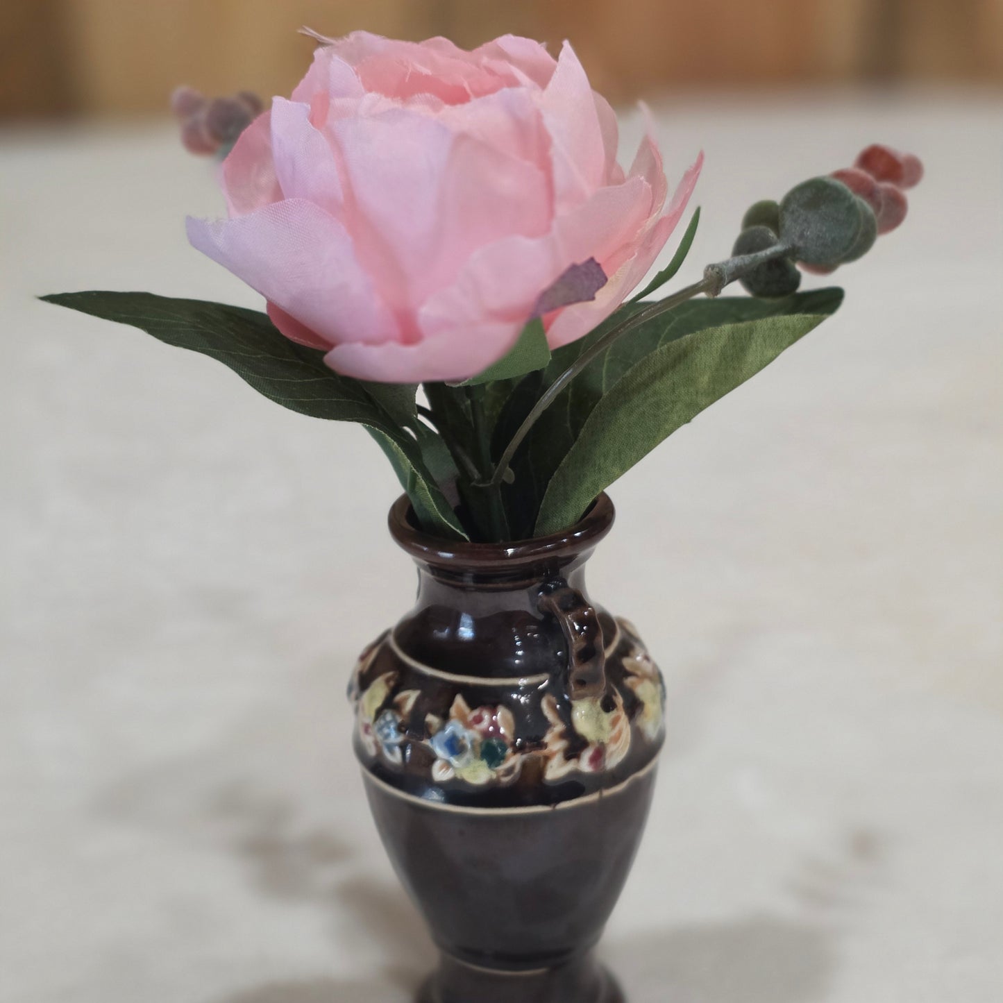 Vintage Made in Japan Brown Floral Vase | Small Ceramic Bud Vase | Applied Flowers