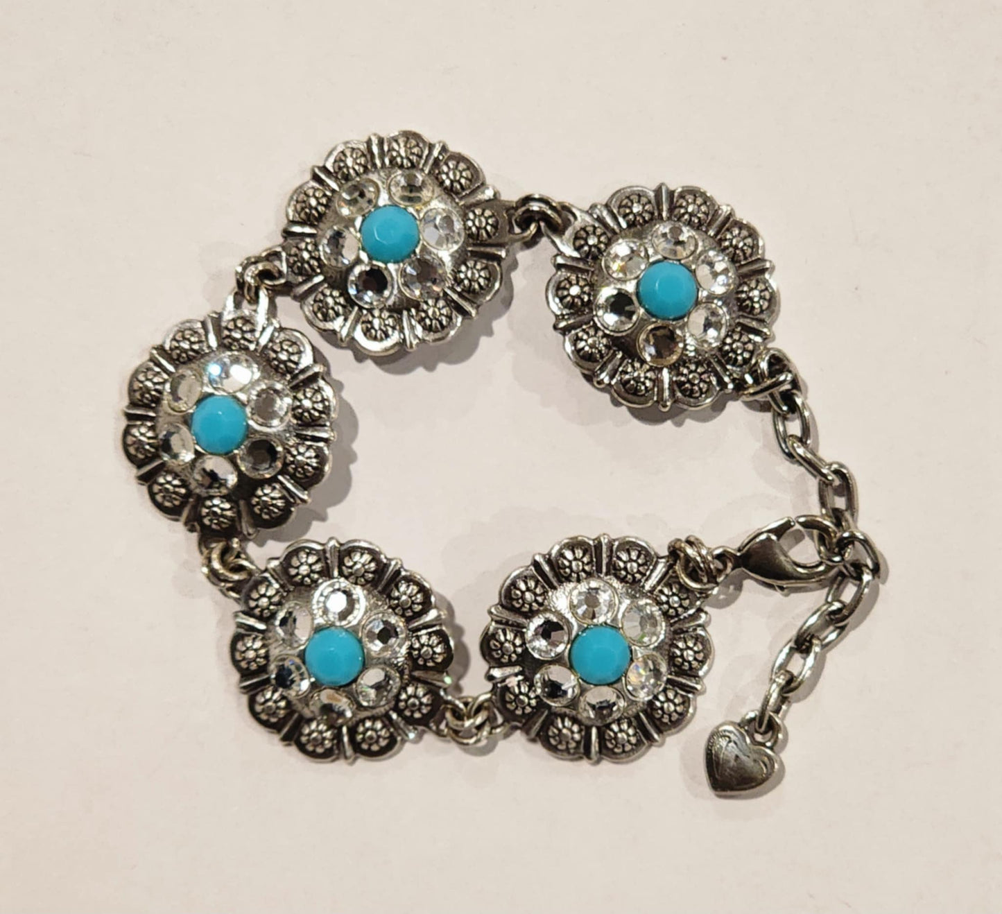 Silver Tone Turquoise & Rhinestone Floral Bracelet + Earrings Jewelry Set