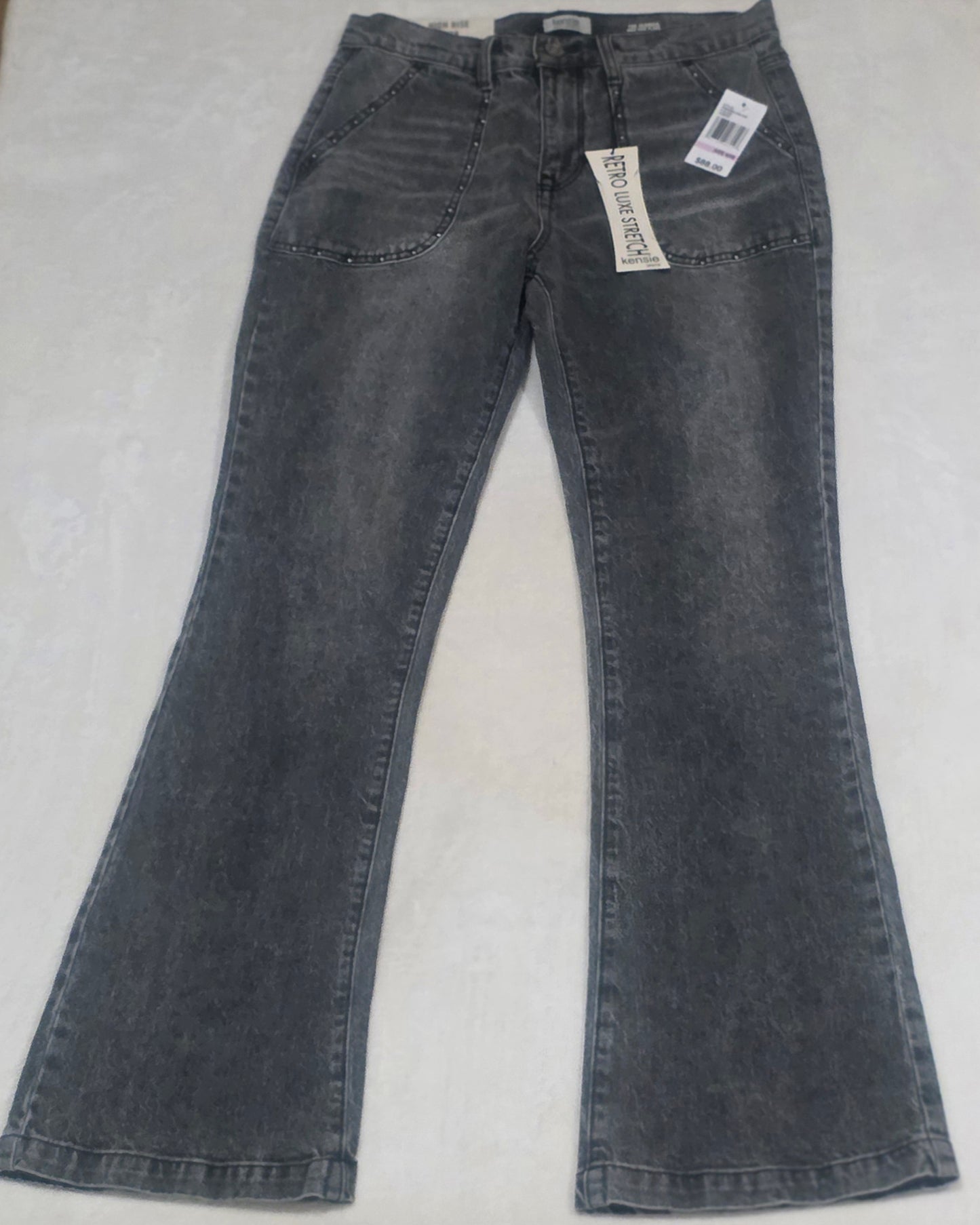 Kensie Jeans Georgia High Rise Flare Size 6 NWT Black Wash Studded Retro Luxe Stretch
