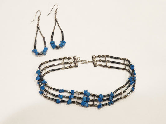 Vintage Blue Stone Beaded Jewelry Set Necklace & Dangle Earrings Southwestern Style