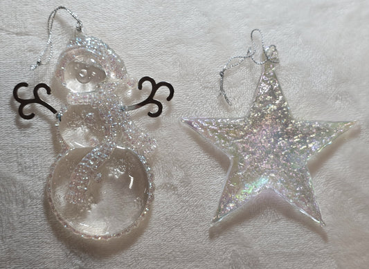 Set of 2 Acrylic Christmas Ornaments – Glitter Snowman & Iridescent Star – Holiday Tree Decor