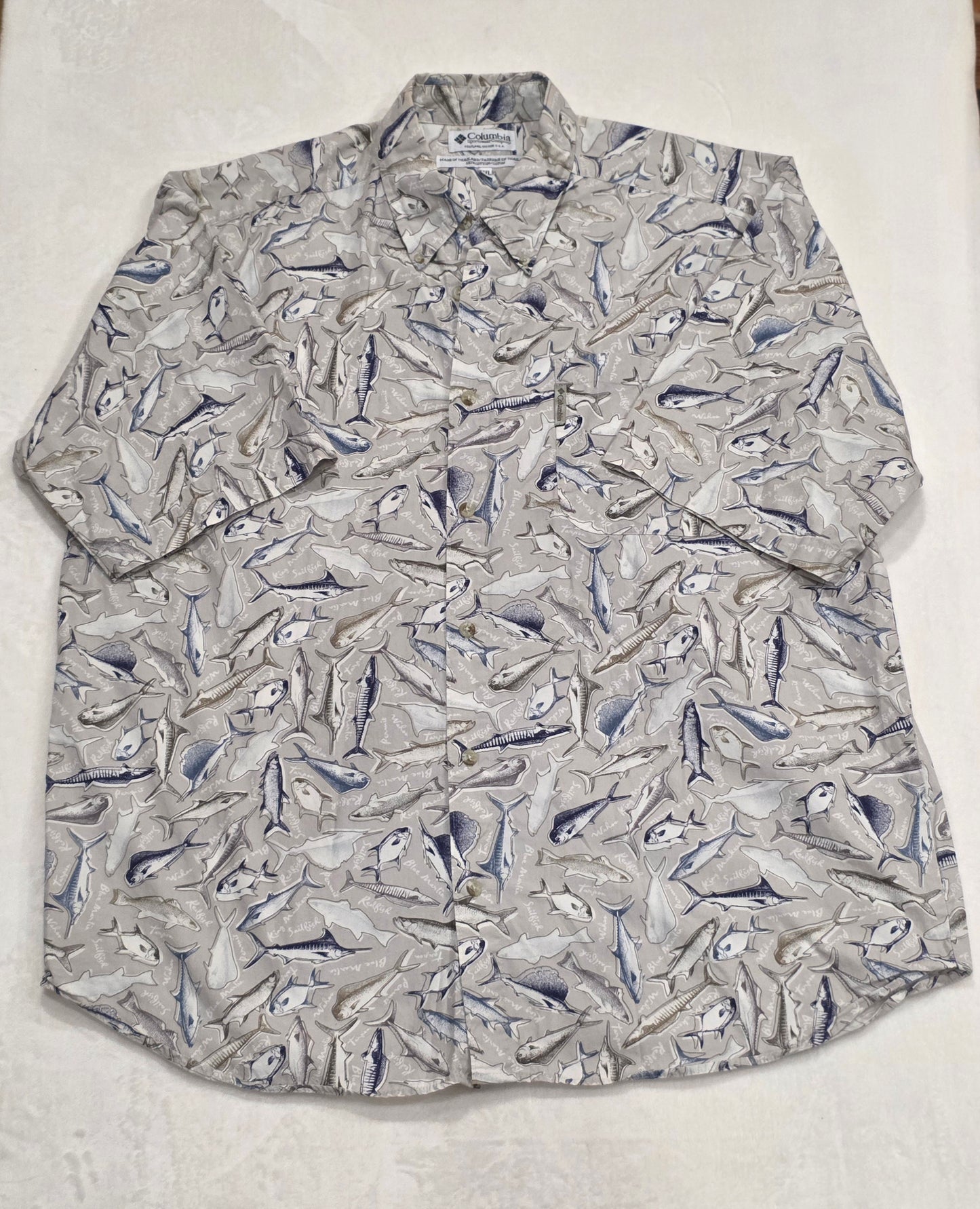 Columbia Sportswear XXL Fish Print Button Up Shirt Mens Beige Blue Fishing Casual Cotton