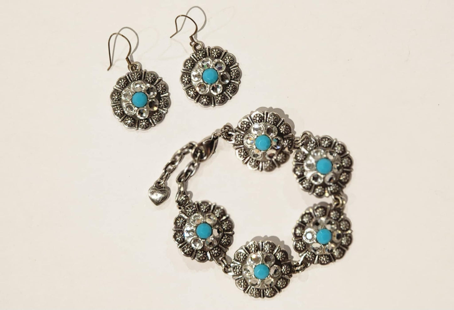 Silver Tone Turquoise & Rhinestone Floral Bracelet + Earrings Jewelry Set