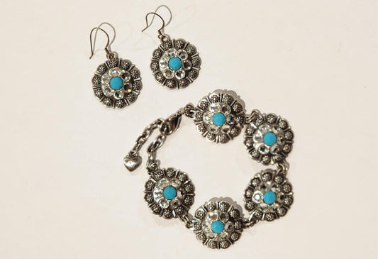 Silver Tone Turquoise & Rhinestone Floral Bracelet + Earrings Jewelry Set