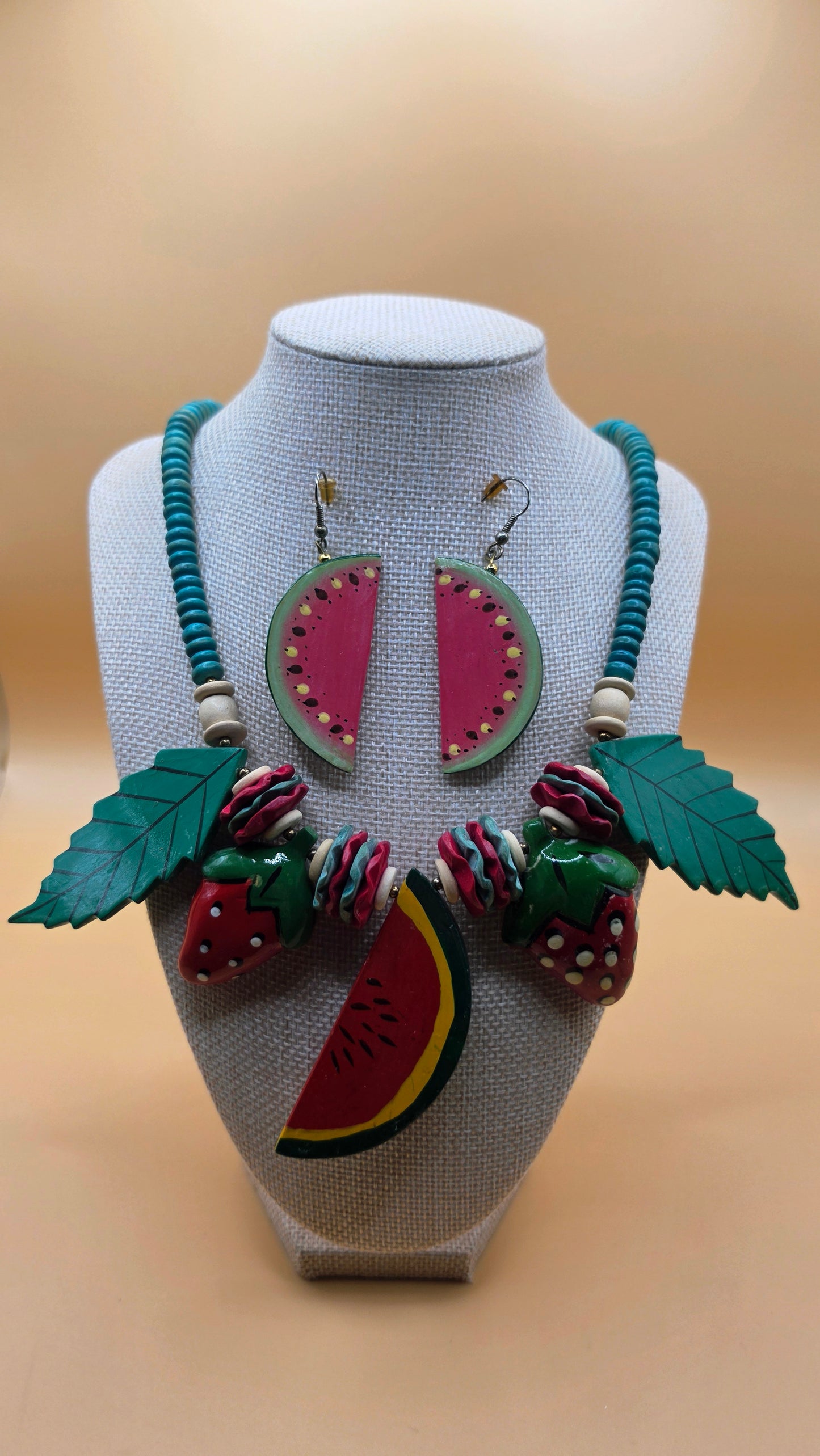 Vintage Fruit Salad Watermelon Strawberry Statement Necklace Wooden Bead Bib