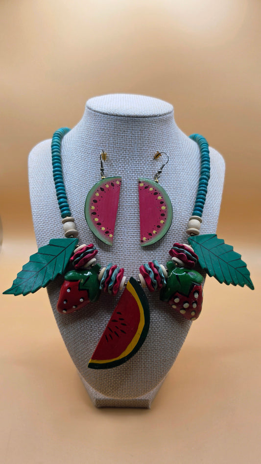 Vintage Fruit Salad Watermelon Strawberry Statement Necklace Wooden Bead Bib