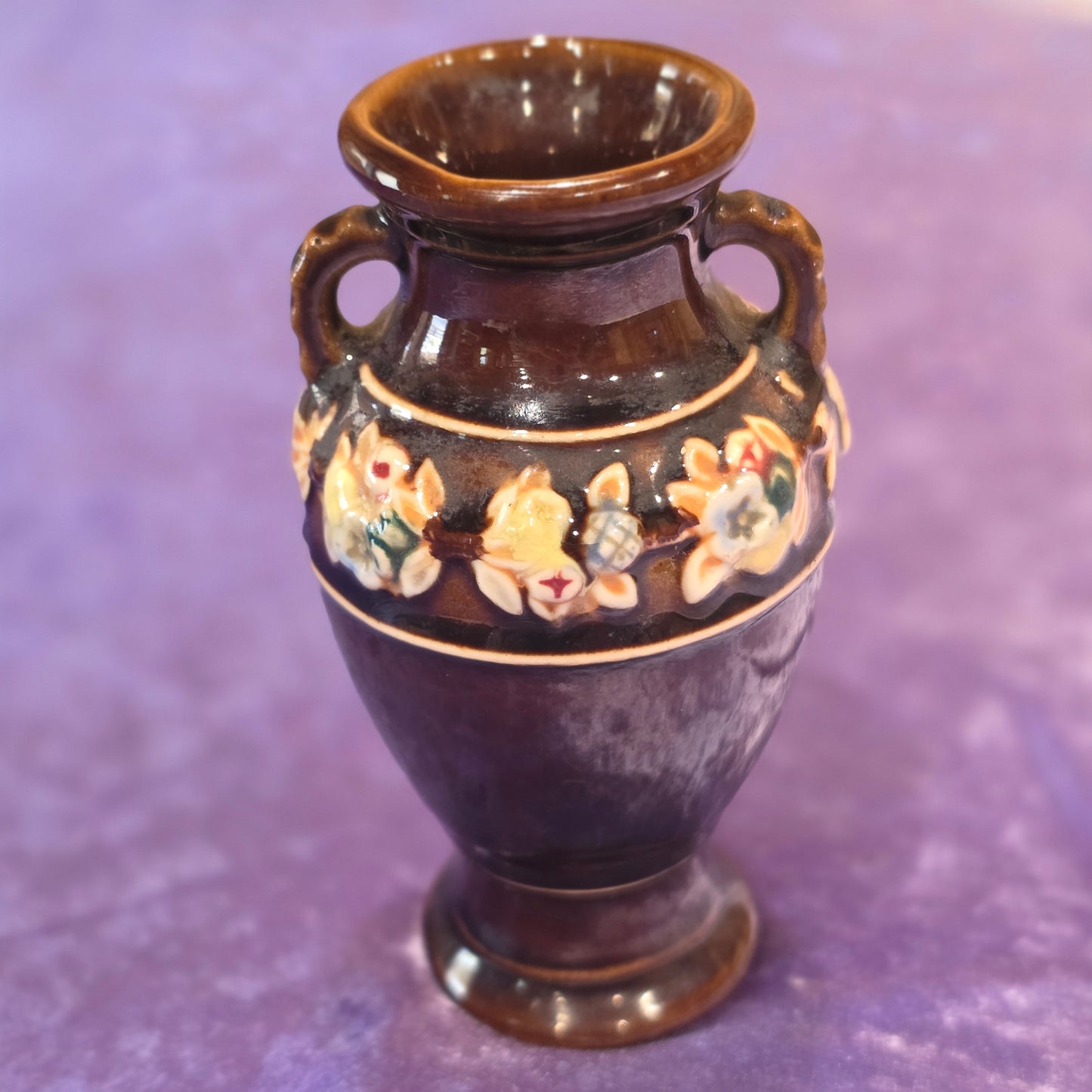 Vintage Made in Japan Brown Floral Vase | Small Ceramic Bud Vase | Applied Flowers