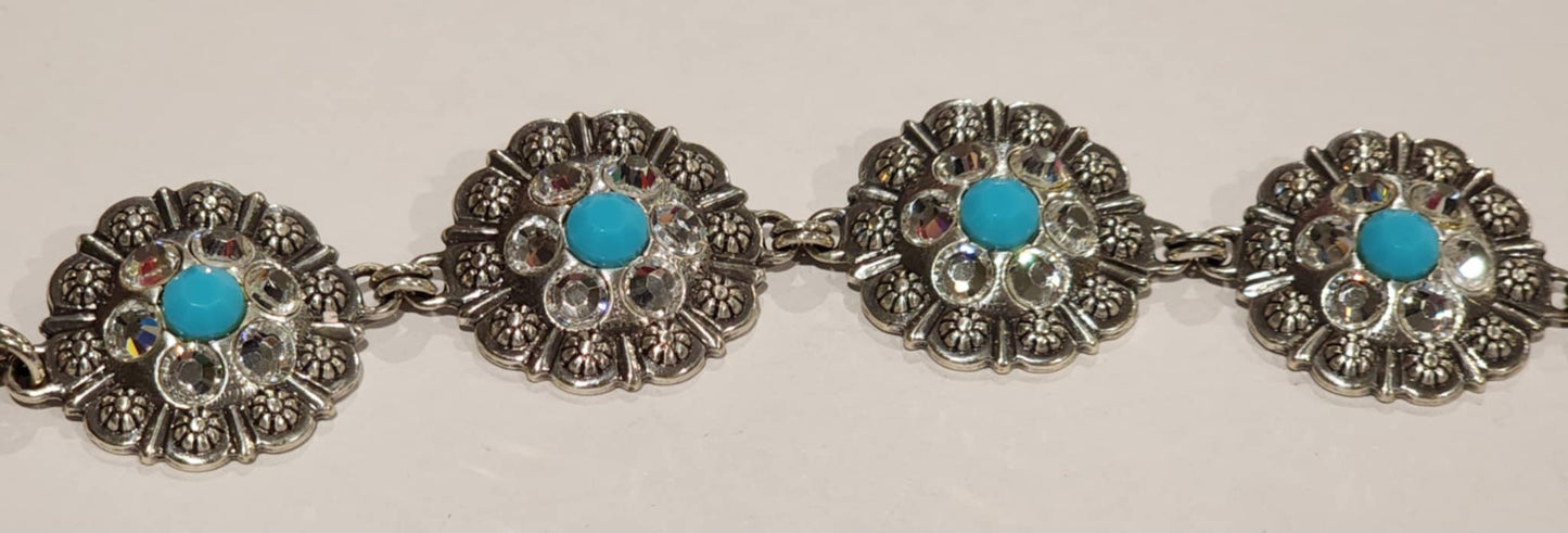 Silver Tone Turquoise & Rhinestone Floral Bracelet + Earrings Jewelry Set
