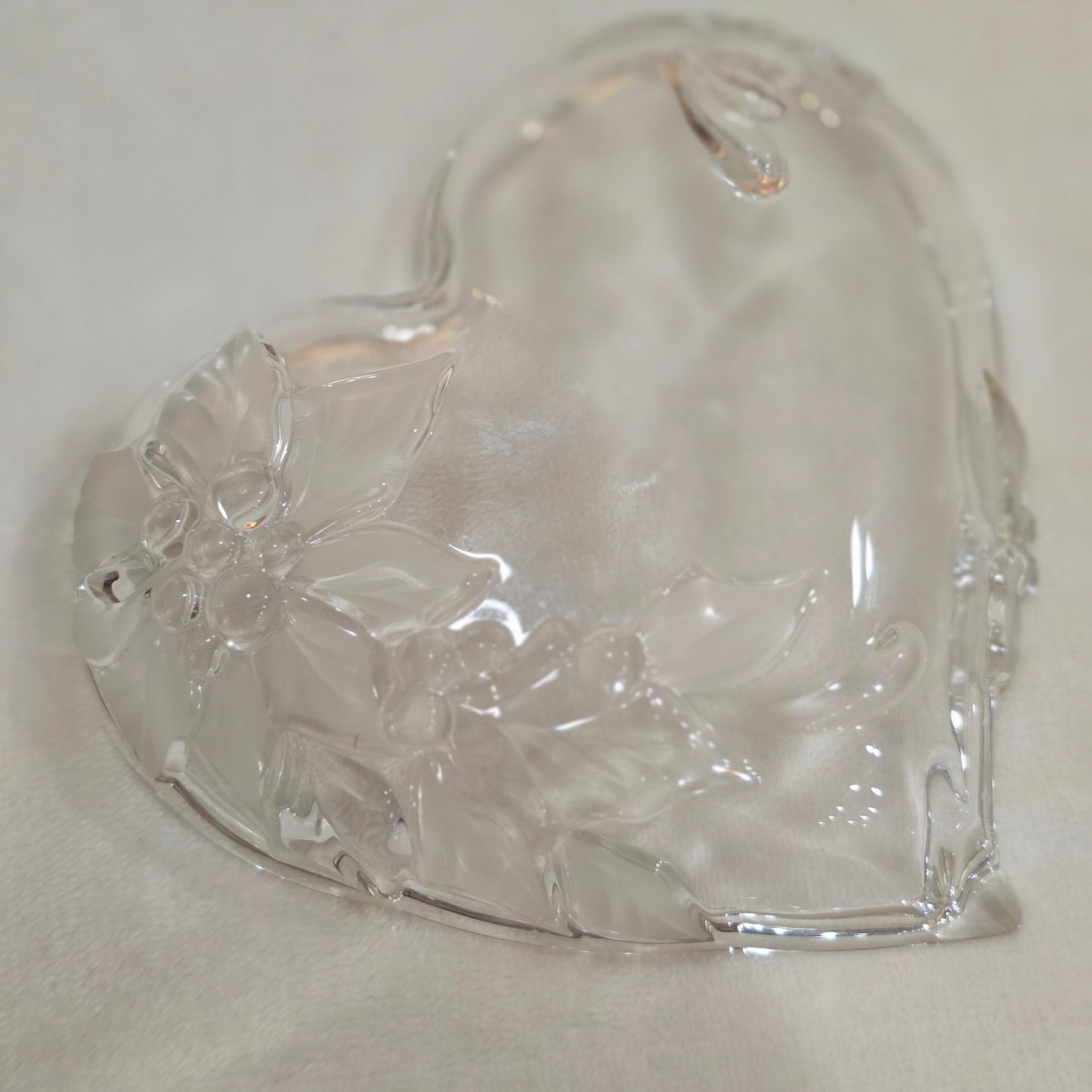 Vintage Clear Pressed Glass Heart Trinket Dish with Floral Detail