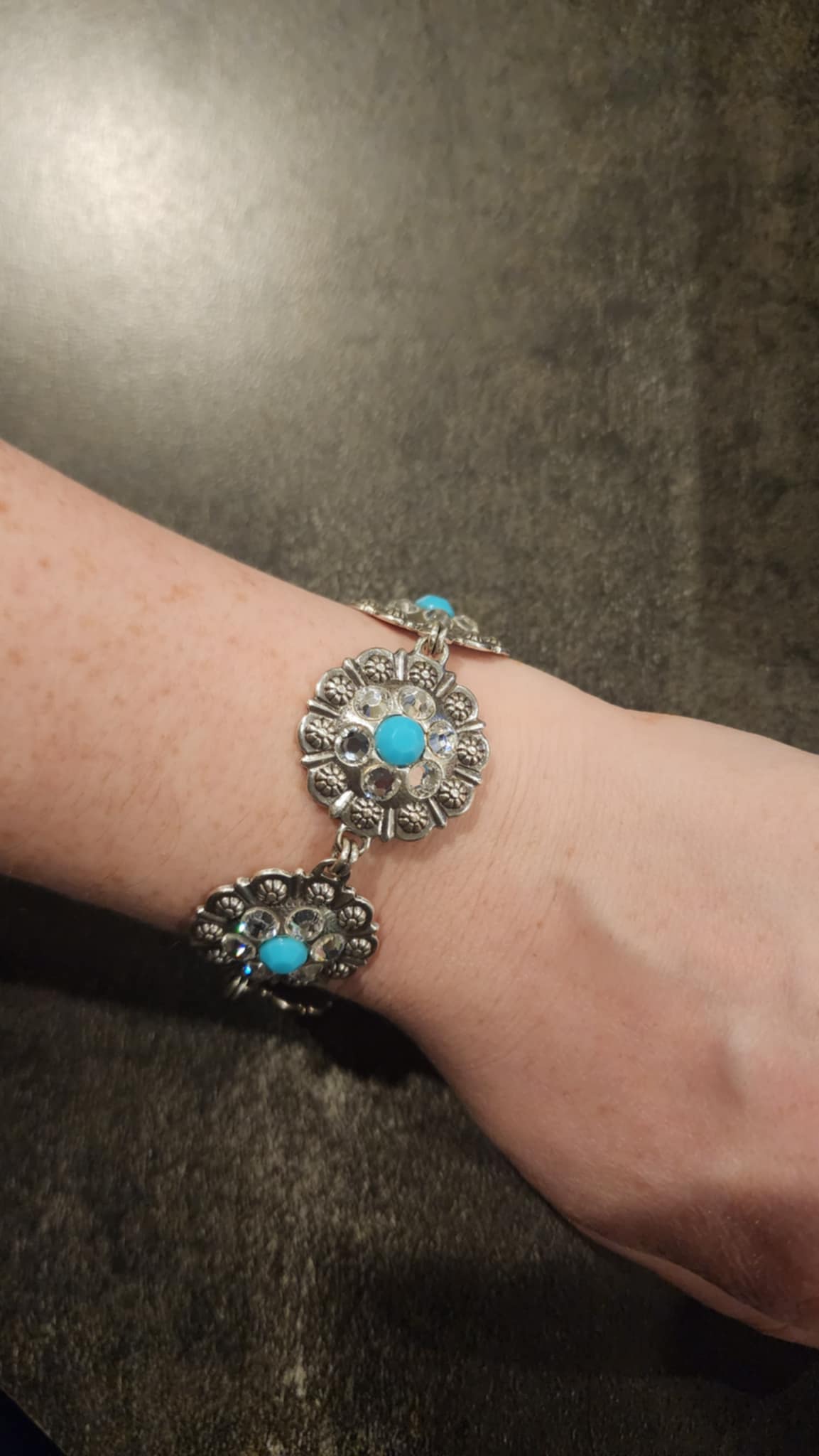 Silver Tone Turquoise & Rhinestone Floral Bracelet + Earrings Jewelry Set