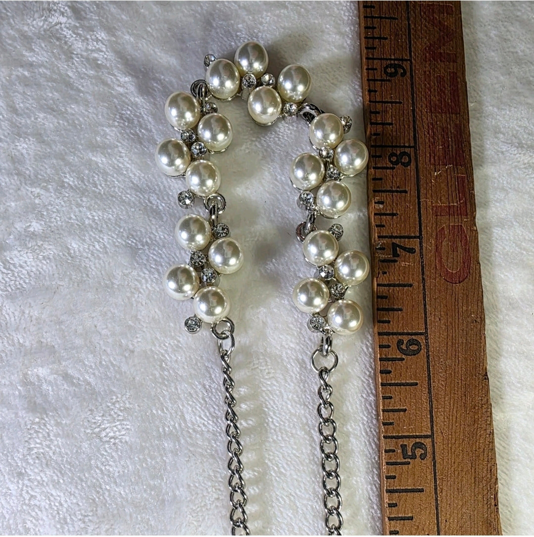 Elegant Silver Tone Faux Pearl Rhinestone Jewelry Set Necklace Bracelet Earrings