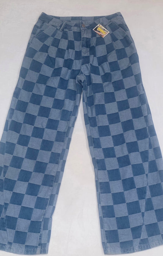 Vintage Style Checkerboard Denim Pants Size 6 Blue Patchwork Wide Leg Y2K Streetwear