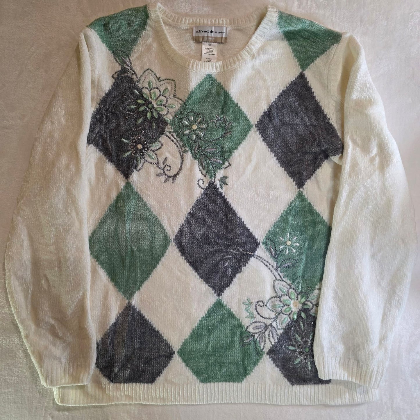 Alfred Dunner Cozy Grandma Chic Argyle Knit Sweater Floral Detail Women’s 1X
