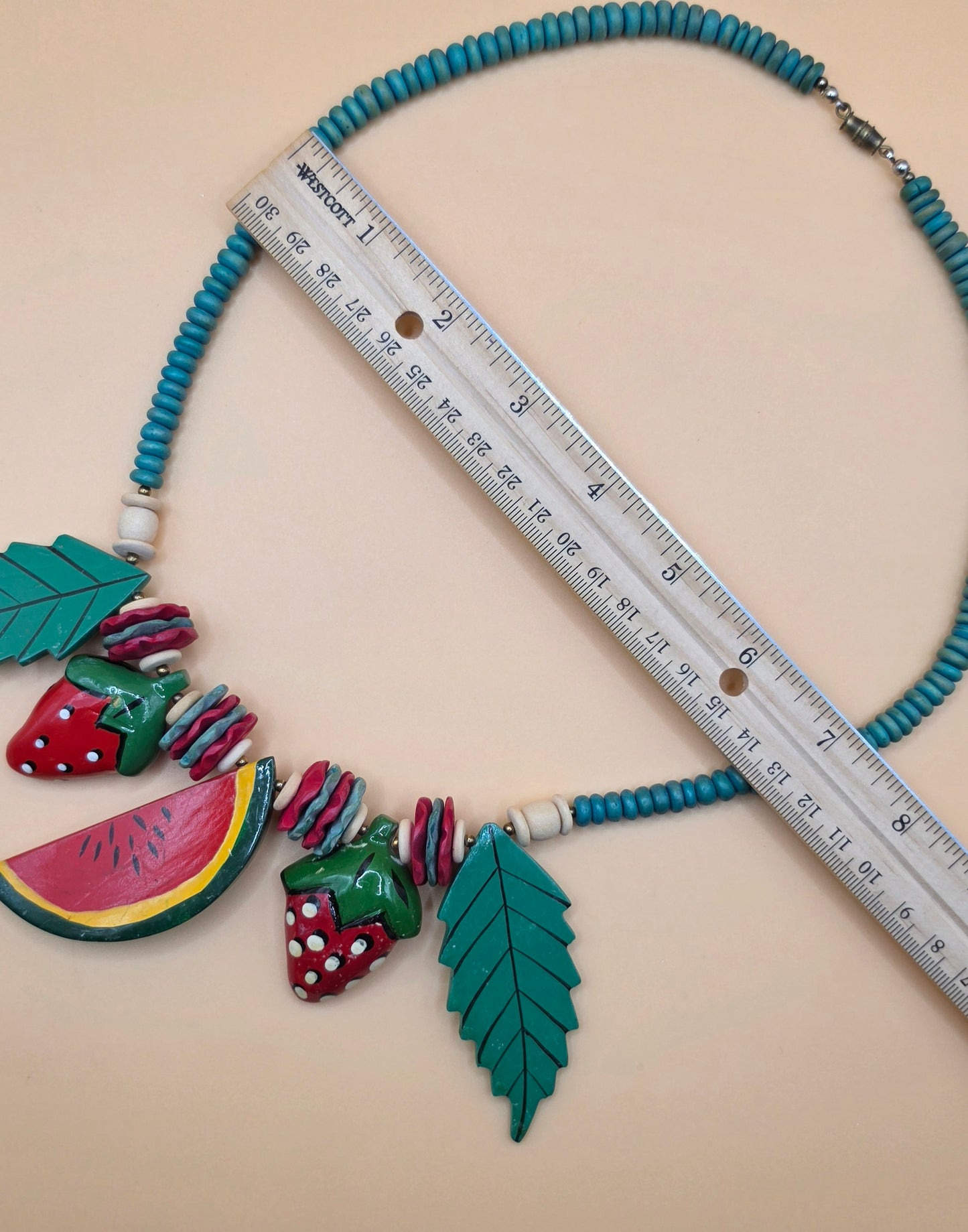 Vintage Fruit Salad Watermelon Strawberry Statement Necklace Wooden Bead Bib