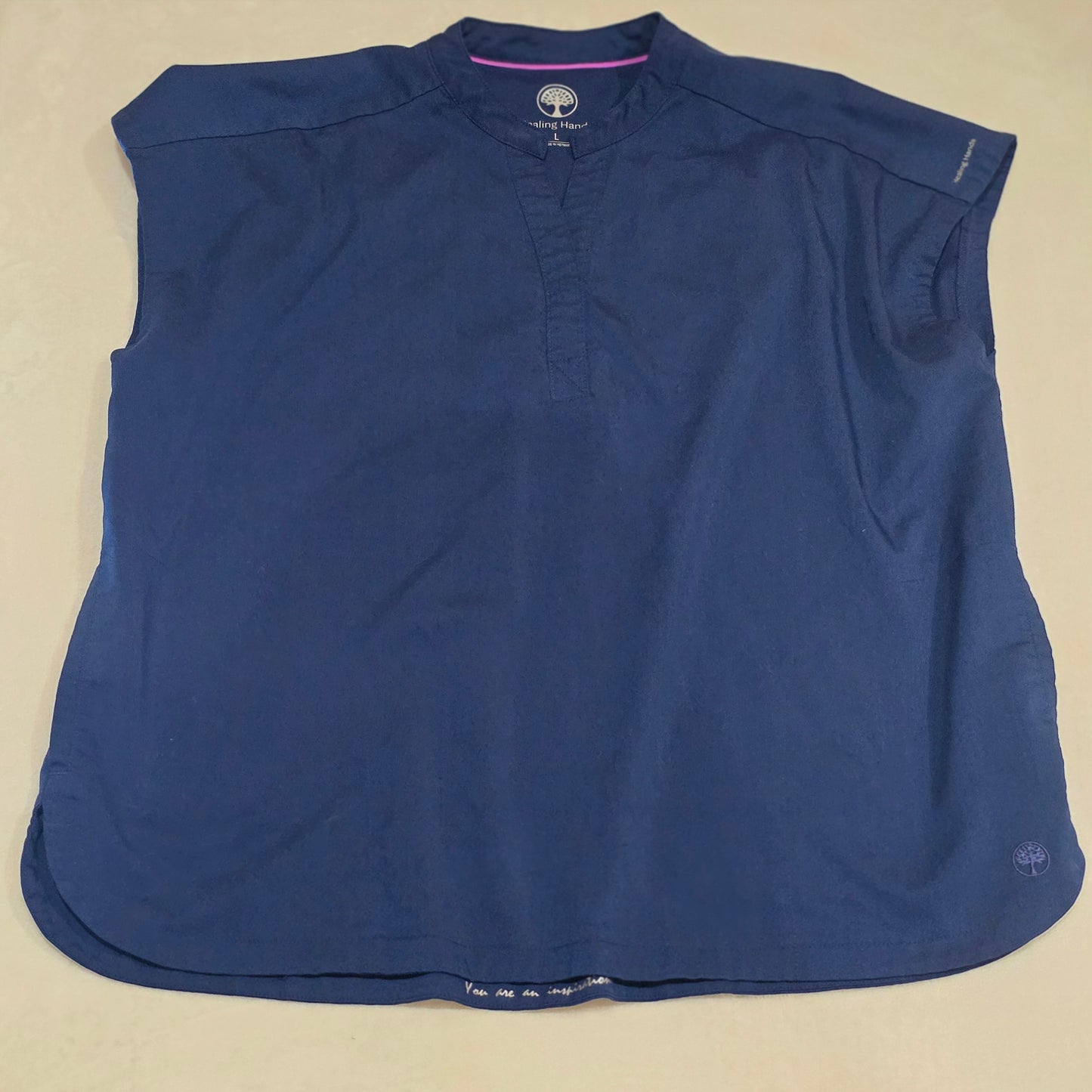 Womens Healing Hands Navy Blue Scrub Top Large Medical Nurse Uniform Shirt
